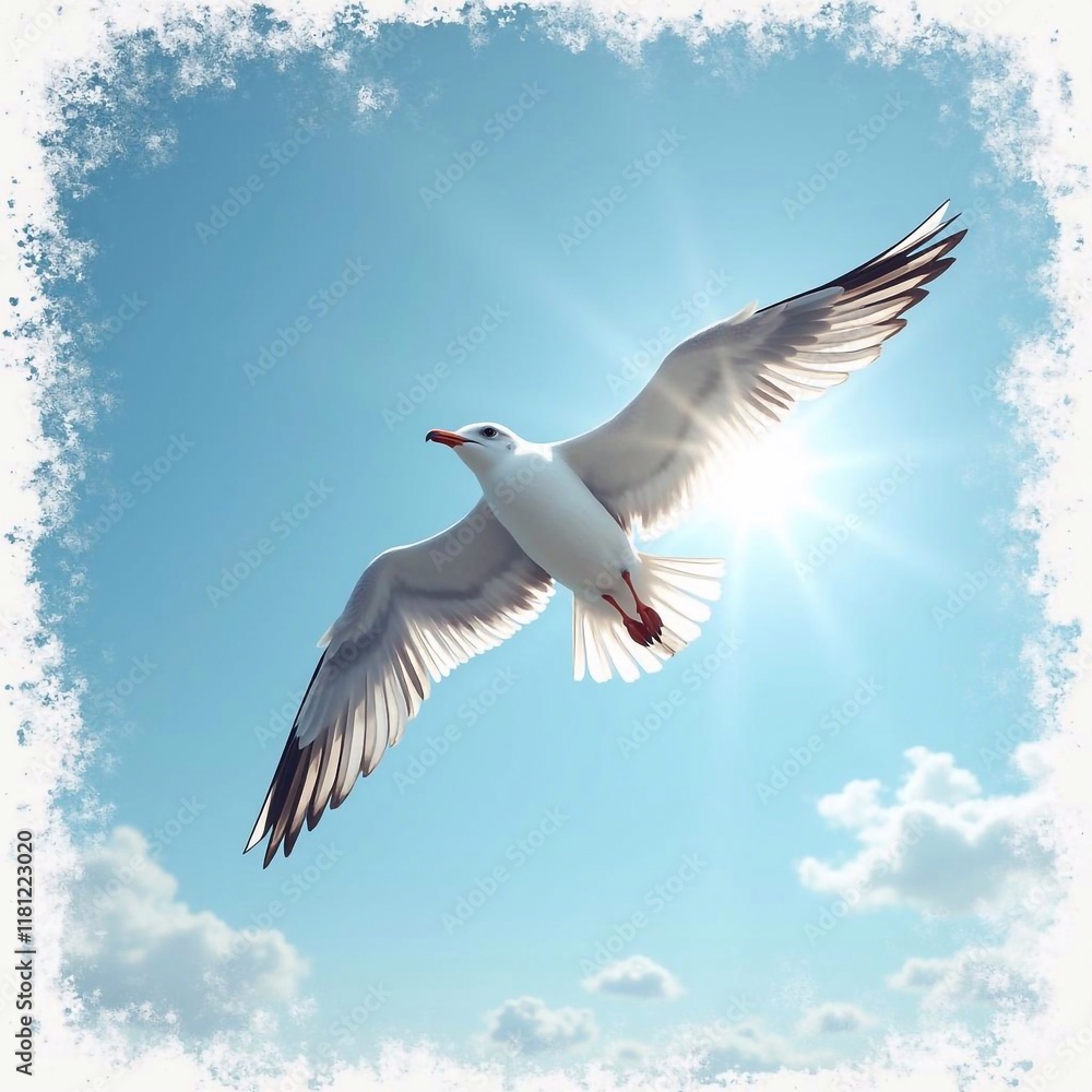 Fototapeta premium Seagull in the sky, free flight. Illustration, drawing in retro grunge style - generative AI