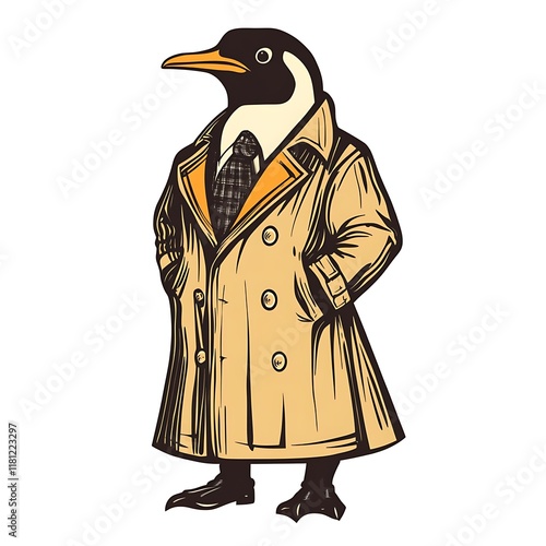 Penguin in a trench coat and tie, standing confidently. photo