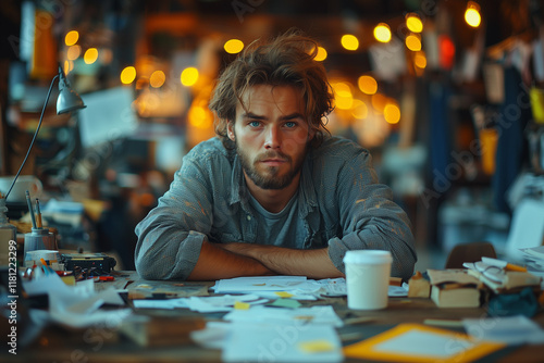 A person in an office setting, feeling disengaged and unmotivated, surrounded by unfinished tasks and a messy workspace. photo