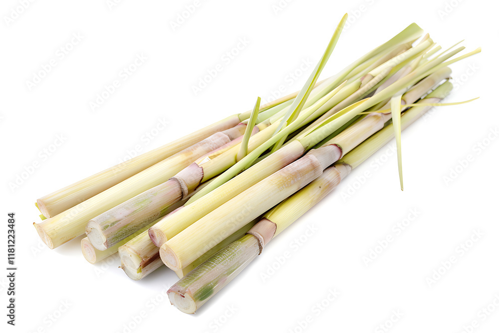 Fototapeta premium Photo of lemongrass stalks, isolated on white background , lemongrass isolate on white background , Image showcasing fresh lemongrass stalks neatly laid out on a white background, ideal for culinary