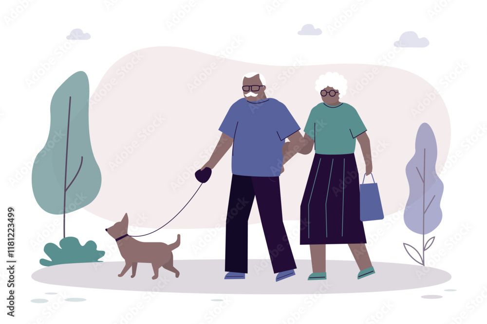 Two aged people take walk in park on clear day with their dog. Joyful elderly couple on walk with their pet. Outdoor promenade with pet. Happy mature man and woman, Two aged people take walk in park on clear day with their dog. Joyful elderly couple on walk with their pet. Outdoor promenade with pet. Happy mature man and woman,