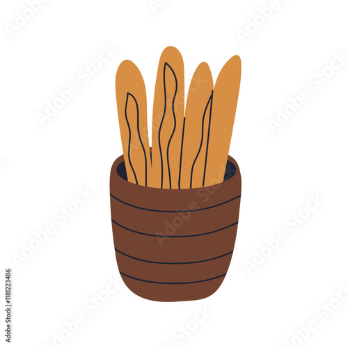 French baguettes in basket. Fresh bakery, baked whole cereal wheat bread sticks with crust. Homemade food. Bagette, breakfast product. Flat vector illustration isolated on white background