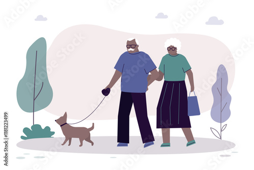 Two aged people take walk in park on clear day with their dog. Joyful elderly couple on walk with their pet. Outdoor promenade with pet. Happy mature man and woman,