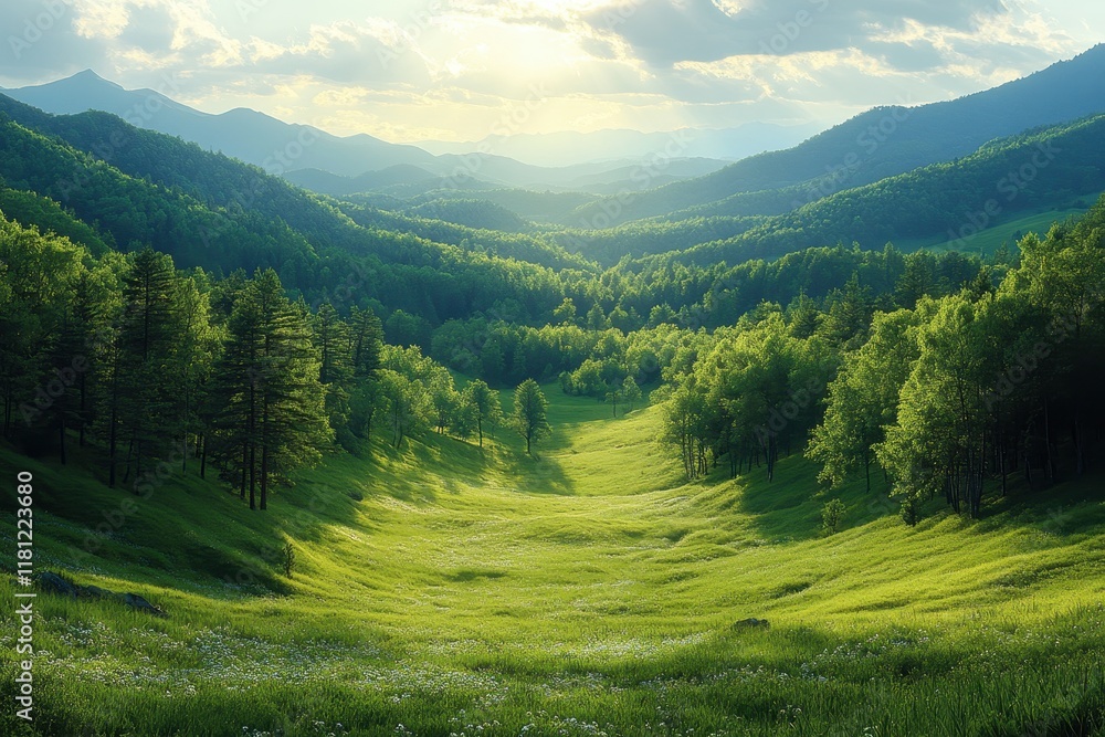 Lush green valley surrounded by mountains under a cloudy sky during the golden hour Lush green valley surrounded by mountains under a cloudy sky during the golden hour