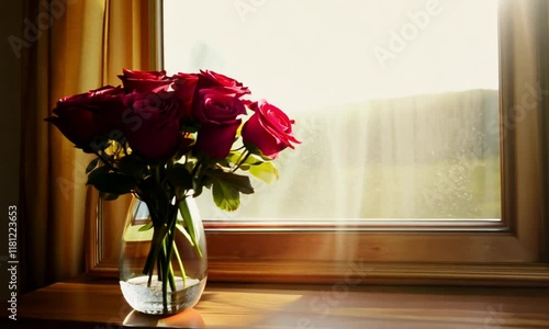 Bright bouquet of fresh red roses placed in a glass vase near a softly lit window. photo