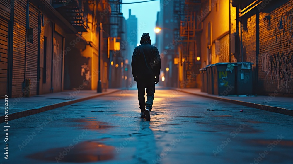 A lone figure walks through a dimly lit urban alley, evoking a sense of solitude and mystery. A lone figure walks through a dimly lit urban alley, evoking a sense of solitude and mystery.