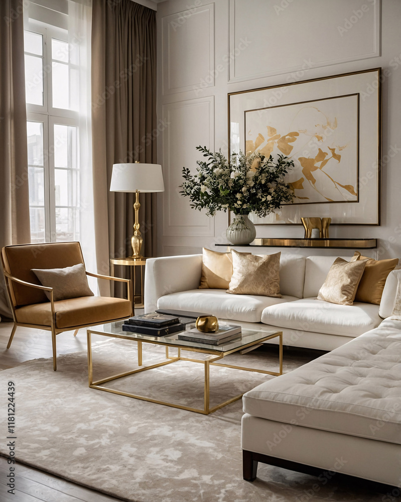 Obraz premium Modern home with large windows neutral color couch golden furniture and abstract art on the wall above Contemporary Interior Design Livingroom Inspiration