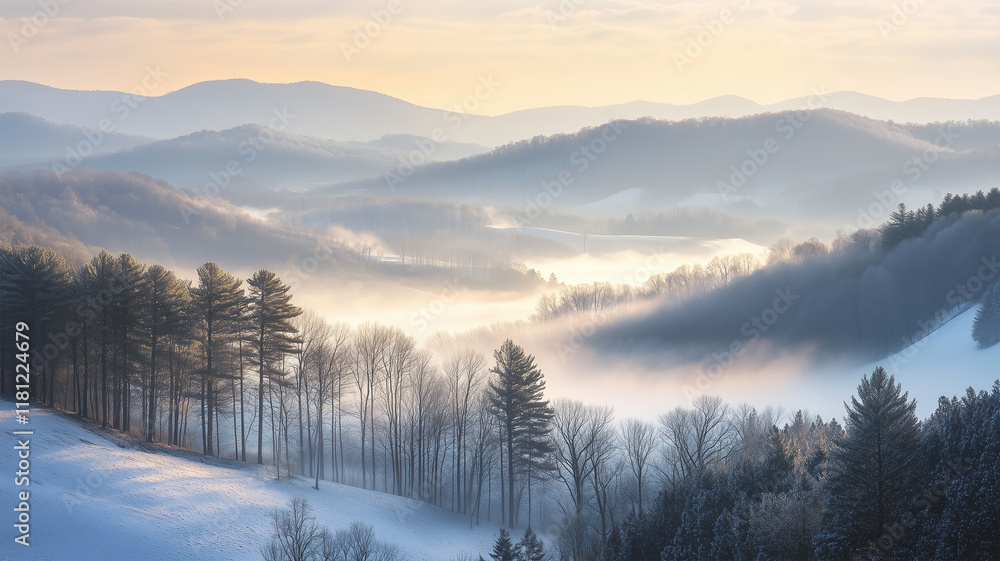 Fototapeta premium 霧に包まれる冬の山と頂上に差し込む光の幻想風景