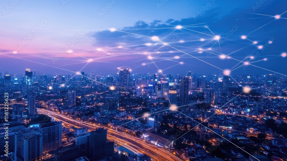 Fototapeta premium A futuristic cityscape featuring smart infrastructure, with glowing data lines and advanced technology integrated into buildings and streets.