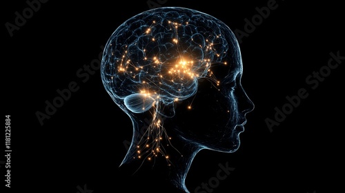 Illuminated brain connections  a human head showcasing glowing neurons and neural activity