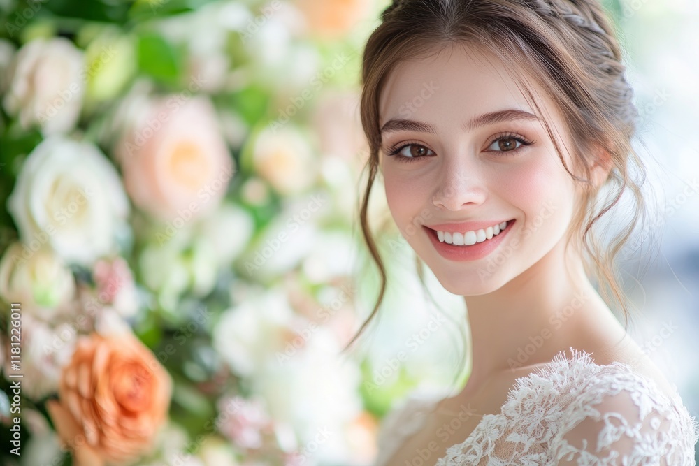 Slim beautiful young woman in a stunning lace wedding dress, soft focus background of flowers, radiant smile, capturing the joy of her special day, natural light, romantic atmosphere