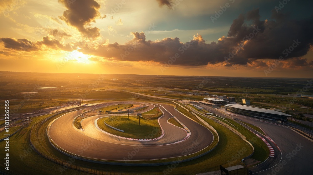 elite racing venue landscape, dynamic track surface details, professional motorsport photography, geometric architectural elements, dramatic cloud formations, cinematic aerial perspective, high elite racing venue landscape, dynamic track surface details, professional motorsport photography, geometric architectural elements, dramatic cloud formations, cinematic aerial perspective, high