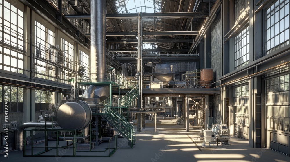 A panoramic view of an industrial engineering facility with high ceilings and complex machinery. A panoramic view of an industrial engineering facility with high ceilings and complex machinery.