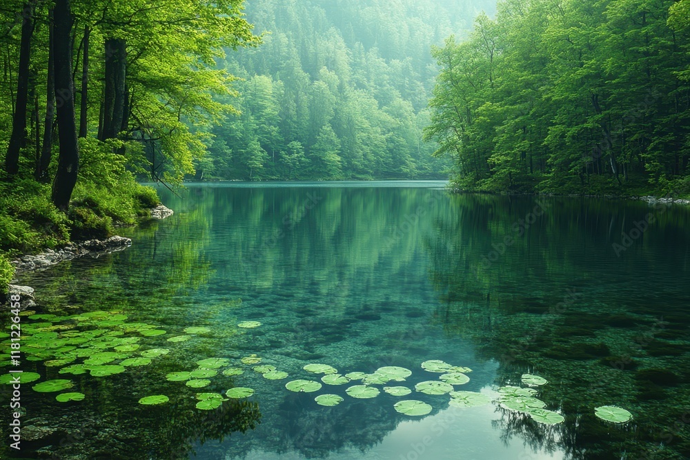 Obraz premium Serene forest lake surrounded by lush greenery reflecting calm waters in a tranquil setting