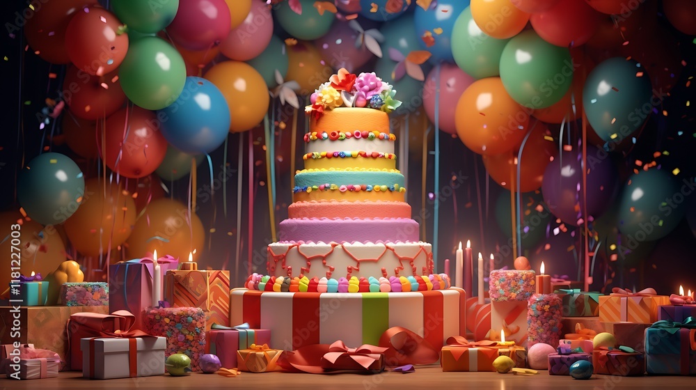 Naklejka premium A birthday cake shaped like a rainbow, surrounded by gifts and streamers.