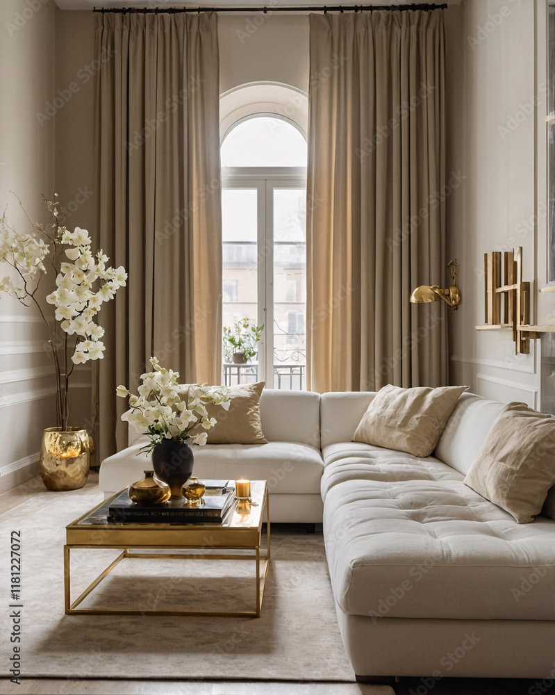 Fototapeta premium Contemporary home with golden furniture abstract painting neutral sofa and large windows bringing the outdoors in Contemporary Interior Design Livingroom Inspiration