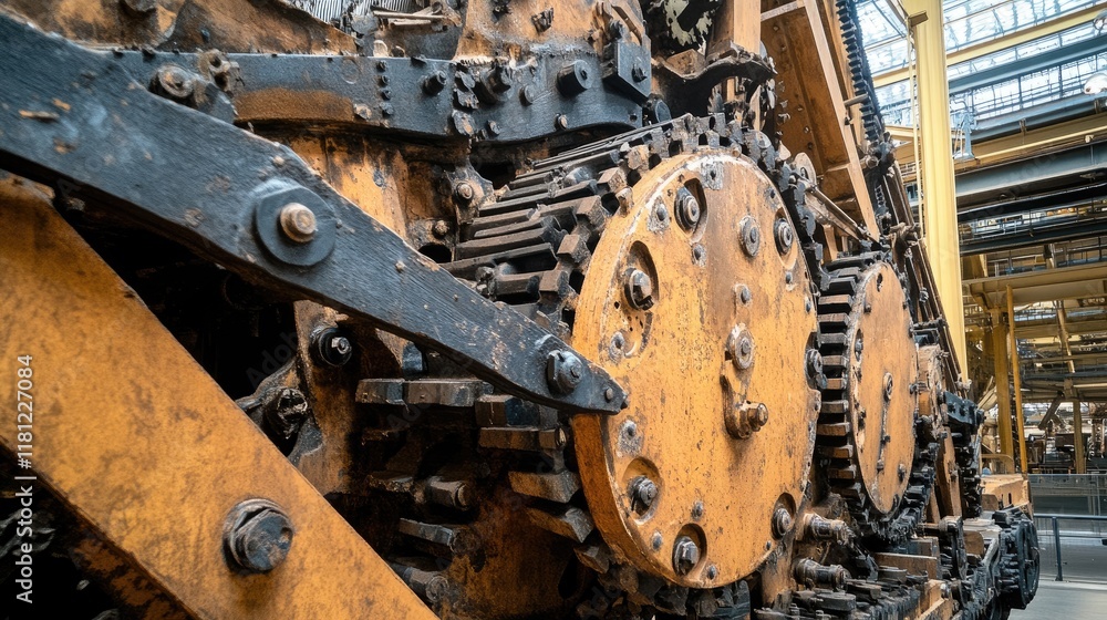 Close-up of large gears and cogs working together in an industrial engineering system.