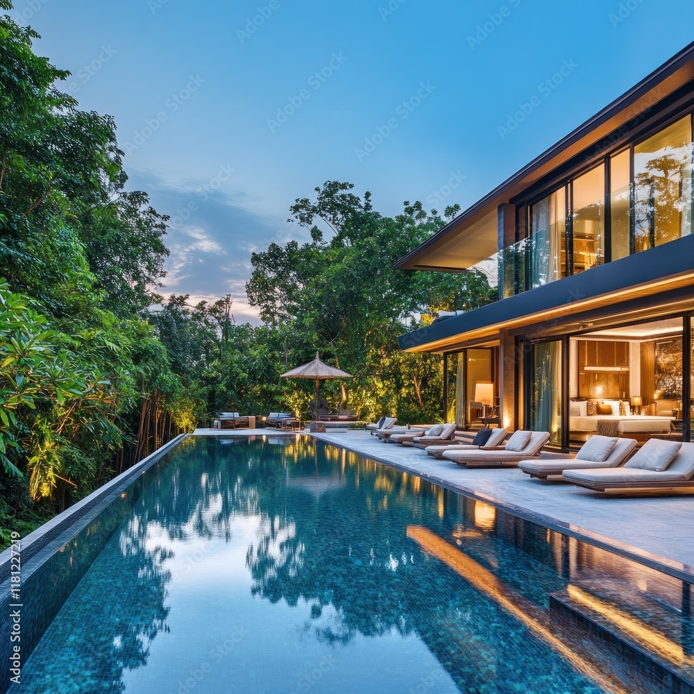 Fototapeta premium Luxury villa with infinity pool at dusk, surrounded by lush tropical greenery.
