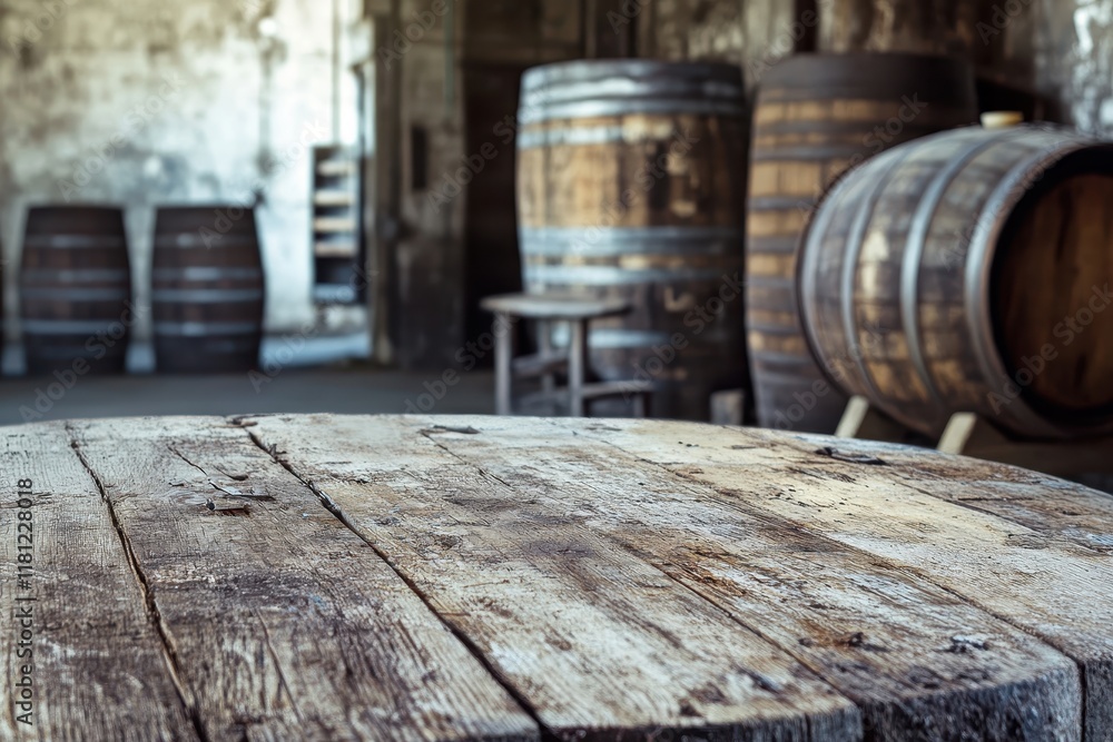 Rustic wooden table, winery barrels background, product display (2) Rustic wooden table, winery barrels background, product display (2)