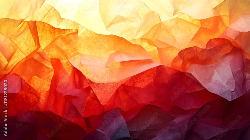 A photo of layered tissue paper in warm, glowing colors for a stained glass effect. A photo of layered tissue paper in warm, glowing colors for a stained glass effect.