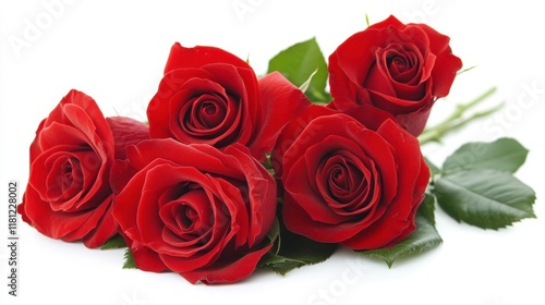 Fototapeta Naklejka Na Ścianę i Meble -  cluster of vibrant red roses lies gracefully on white background, showcasing their lush petals and green leaves. rich color and natural beauty evoke sense of romance and elegance