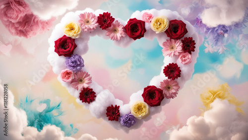 Flowers in the sky. Heart-Shaped Cloud with Flowers in a Pastel Sky. Banner for Valentine's Day or wedding. Greeting card, Valentine's Day or wedding invitation.