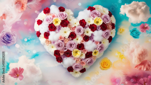 Heart-Shaped Cloud with Flowers in a Pastel Sky. Banner for Valentine's Day or wedding. Greeting card, Valentine's Day or wedding invitation.