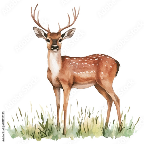 A watercolor clipart of a Deer standing in a meadow, isolated on a white background. Deer vector.
