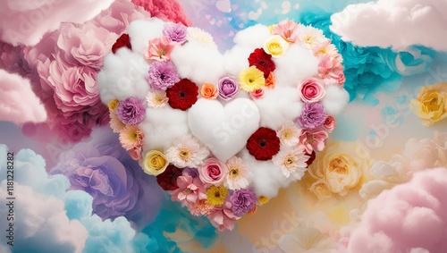 Heart-Shaped Cloud with Flowers in a Pastel Sky. Banner for Valentine's Day or wedding. Greeting card, Valentine's Day or wedding invitation.