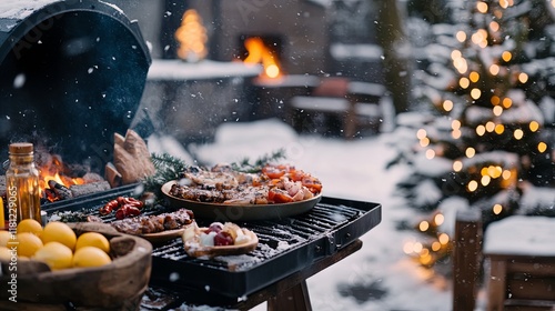 Winter BBQ Feast Under Snow with Christmas Lights