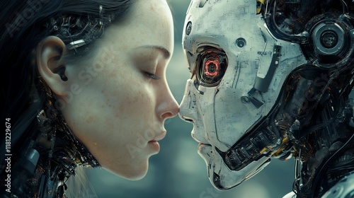 Human interacting with a robotic face in a futuristic setting photo