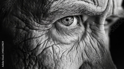 Black and white close-up of an elderly man's expressive eye