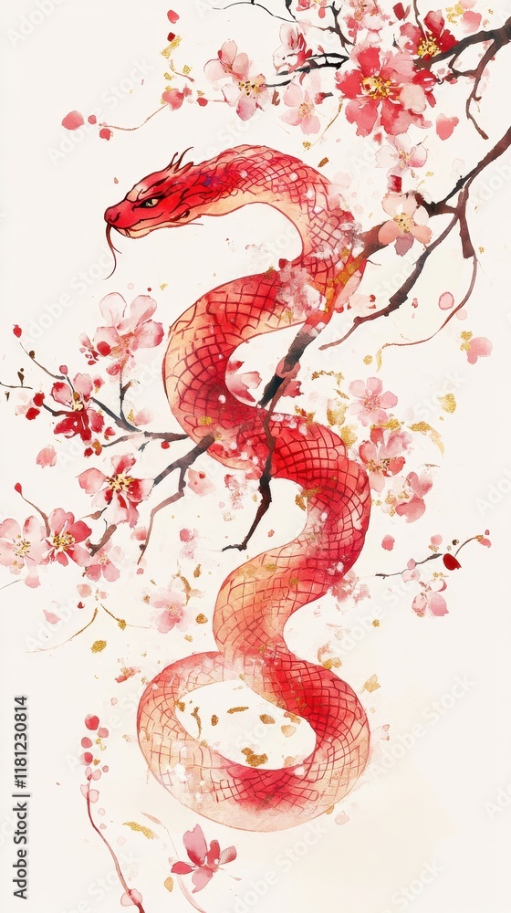 Obraz premium Happy Chinese New Year 2025,Year of the snake zodiac sign,Snake illustration and design,Asian elements gold paper cut style,Lunar new year concept,New Year card 2025.