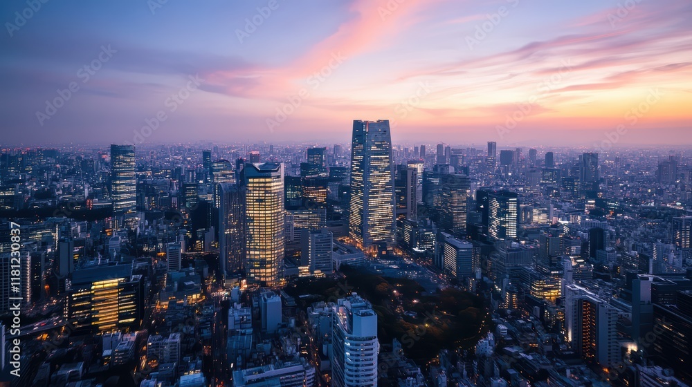 Fototapeta premium Tokyo cityscape at dusk with illuminated skyscrapers and vibrant sunset sky