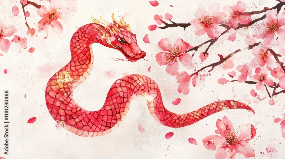 Obraz premium Happy Chinese New Year 2025,Year of the snake zodiac sign,Snake illustration and design,Asian elements gold paper cut style,Lunar new year concept,New Year card 2025.
