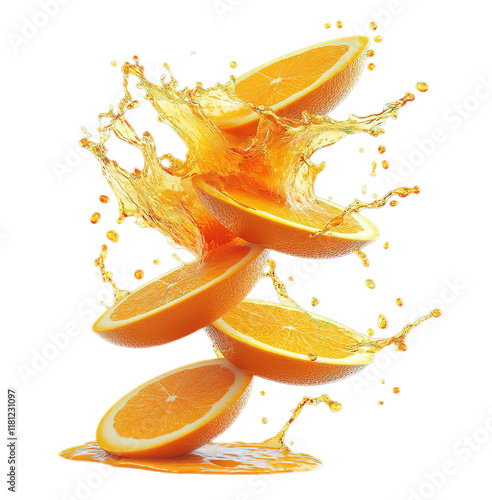 A vibrant collection of fresh orange slices flying in juice splashes