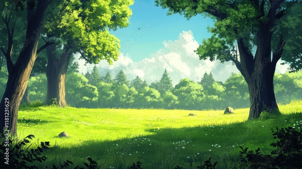 Sunny meadow landscape with lush green grass, large trees, and a forest in the background. Sunny meadow landscape with lush green grass, large trees, and a forest in the background.