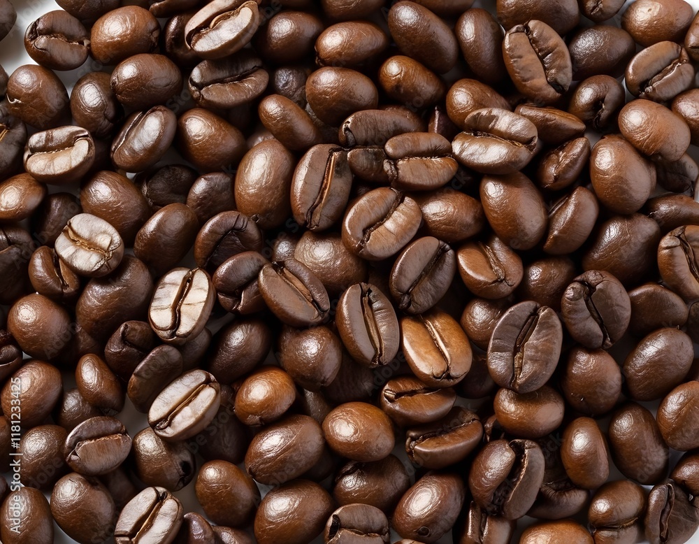 Dark brown roasted coffee beans isolated on white background closeup shot Dark brown roasted coffee beans isolated on white background closeup shot