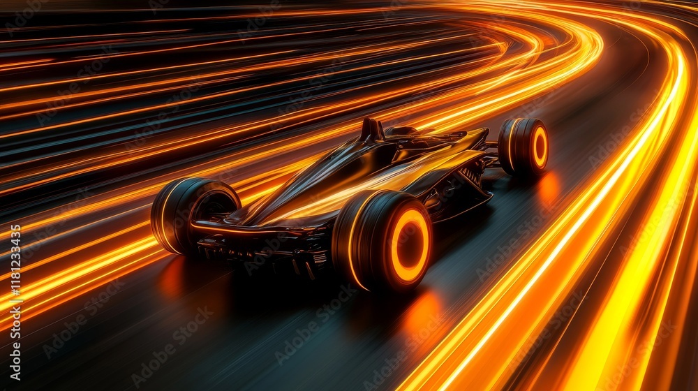 Fototapeta premium cyberpunk racing scene, high speed light trails, dark futuristic cityscape, neon streaks, racing silhouette, dramatic perspective, orange light effects, ultramodern aesthetic, motion blur, cinematic