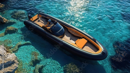 Luxury inflatable boat in turquoise water near rocky shore. photo