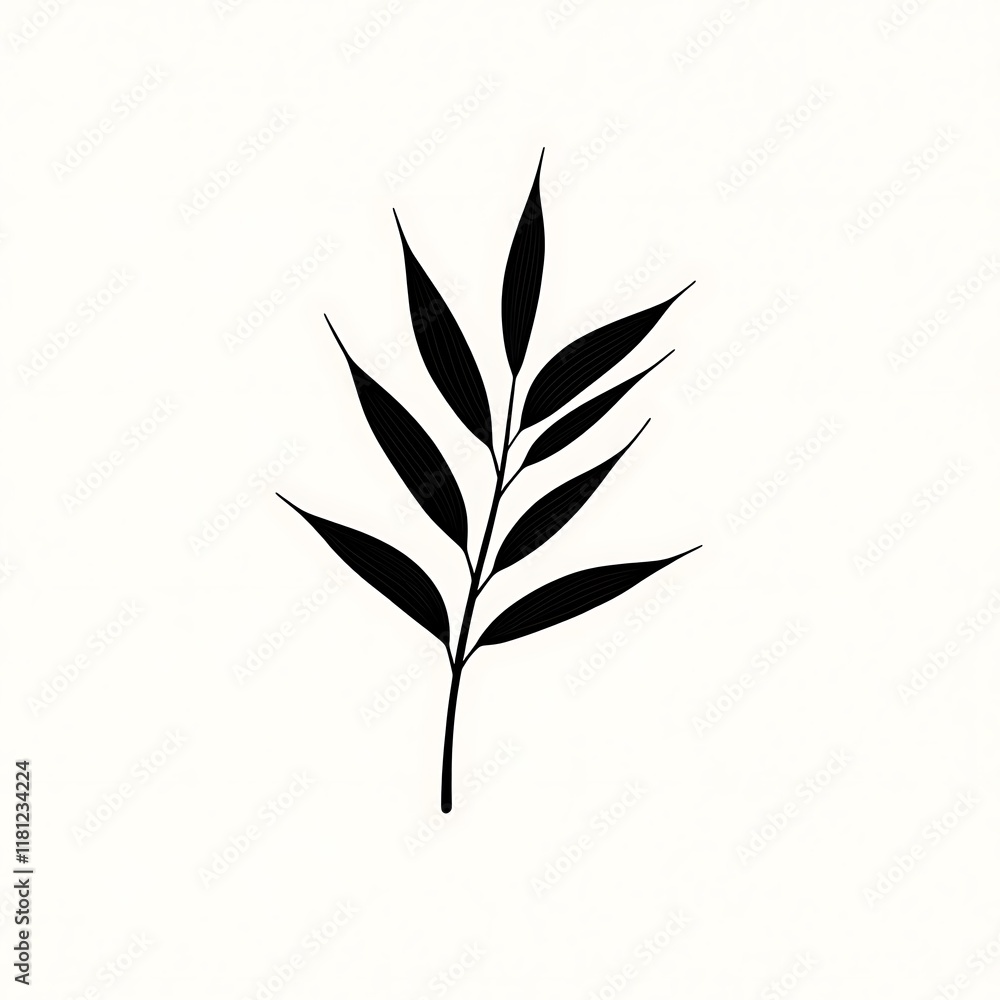 Fototapeta premium Black silhouette of a leaf branch on a white background.