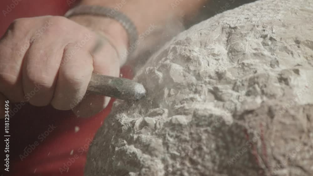 Close-up view about the moment of artistic stone carving with a man and his hammer tool, Italy.