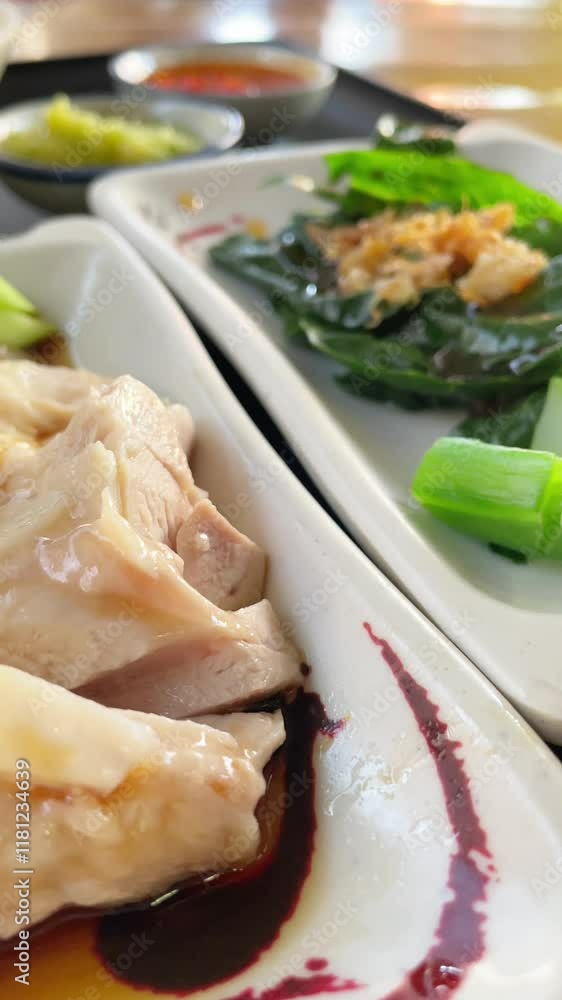 Close up of dish, Steam chicken rice, Sliced hainan-style chicken with marinated rice. Singapore-style steam chicken rice. Yummy food. Close up of dish, Steam chicken rice, Sliced hainan-style chicken with marinated rice. Singapore-style steam chicken rice. Yummy food.