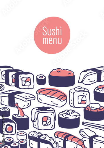 Sushi bar, menu cover design. Traditional Japanese cuisine restaurant, Asian cafe with Japan food, eastern rolls, maki assortment, vertical background, typography card. Flat vector illustration
