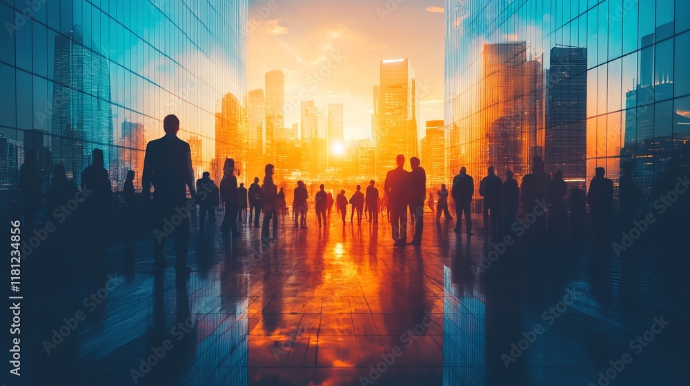 Silhouetted Business People in Cityscape Double Exposure Silhouetted Business People in Cityscape Double Exposure