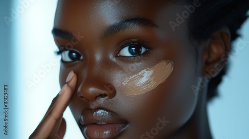 Closeup portrait of a smiling woman with glowing dark skin