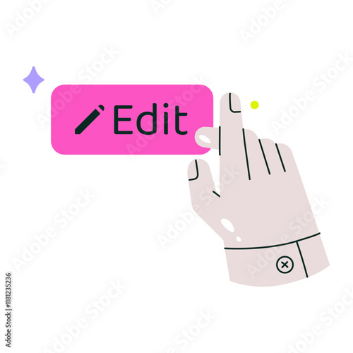 Edit Button With Hand Gesture In Flat Vector Illustration Symbolizing Editing Actions, User Interface Interaction, And Digital Content Management, Isolated On White Background