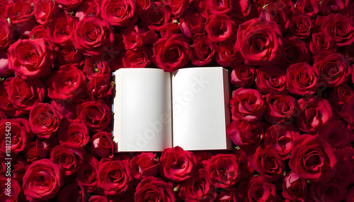 Libro en blanco abierto y rosas rojas alrededor para el Día del Libro, Sant Jordi en Cataluña. 