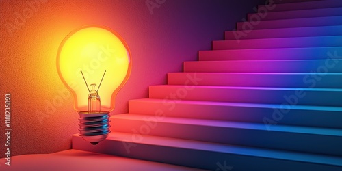 A brightly glowing light bulb illuminates colorful stairs, creating a vibrant and artistic atmosphere.