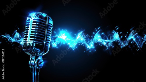 Retro Microphone with Blue Energy Waves: A Symphony of Sound